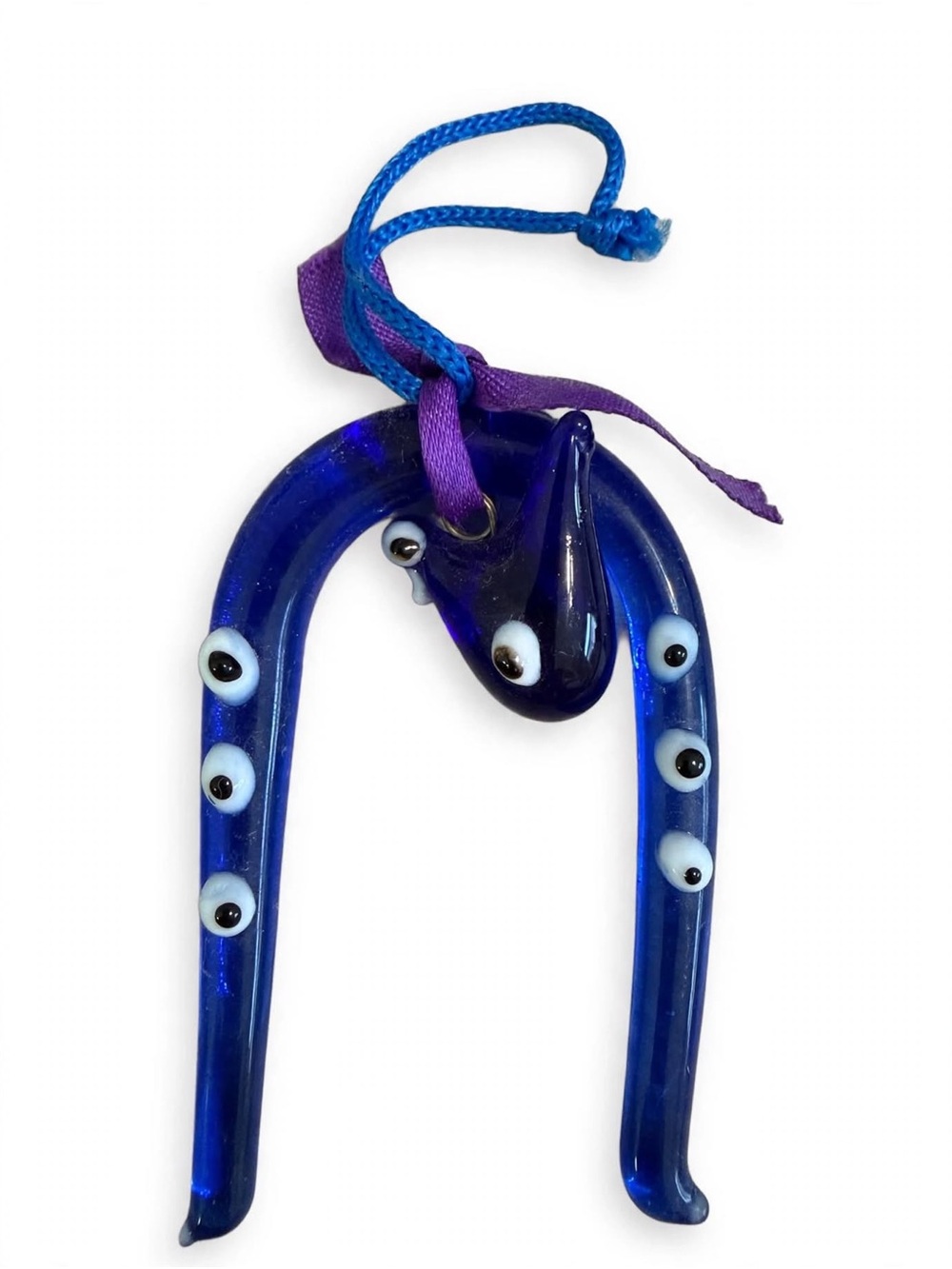 Handmade Cobalt Blue Glass horseshoe and a dove evil eye protector charm